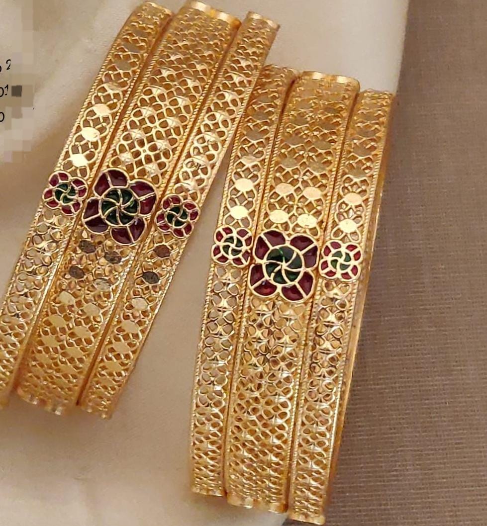 Ethnic Jaali-Work Gold-Plated Bangles with Floral Enamel Accents (Set of 4)