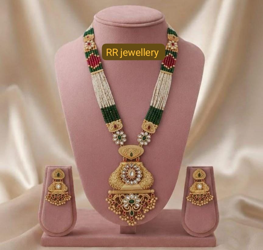 Traditional Rajwadi Gold-Plated Long Necklace Set with Multi-Color Beaded Mala