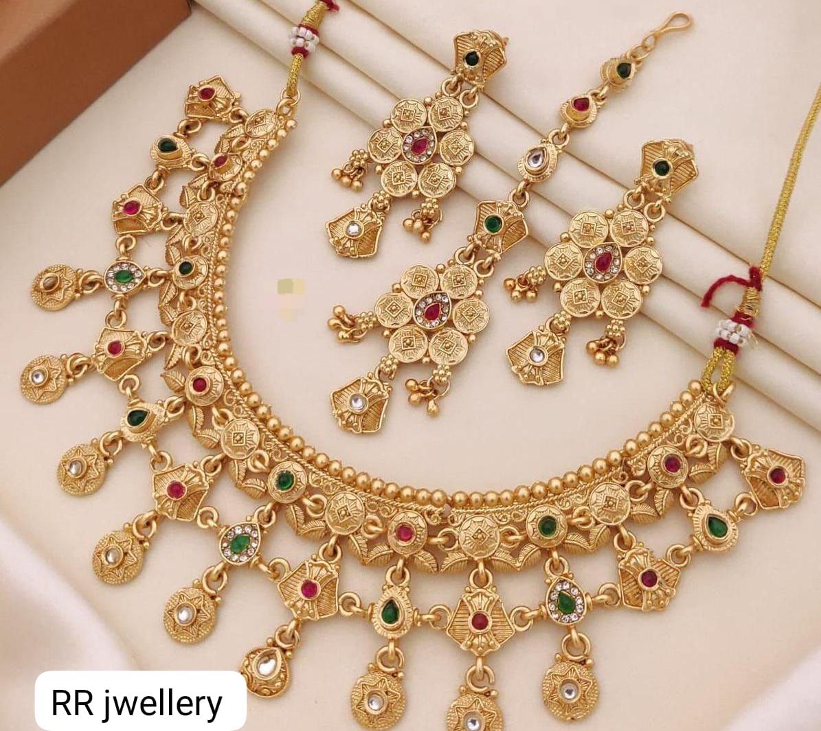 Traditional Antique-Finish Necklace with Matching Earrings and Maang Tikka